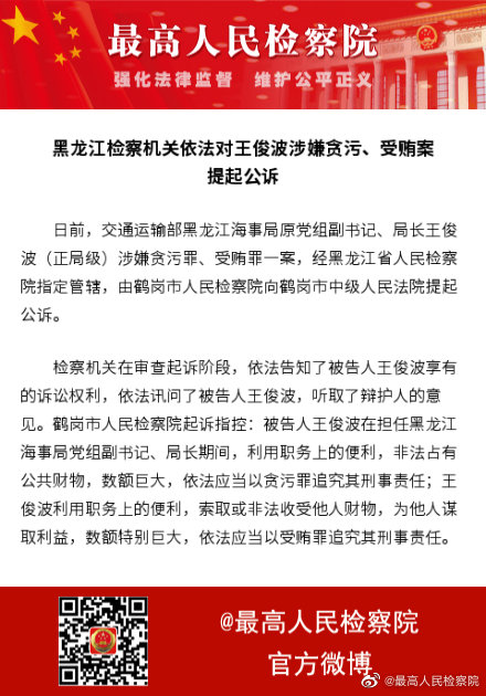 黑龙江检察机关依法对王俊波涉嫌贪污受贿案提起公诉